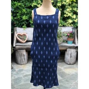 Pomodoro Tie Neck Ikat Print Shift Dress With Tiered Hem Navy/white
